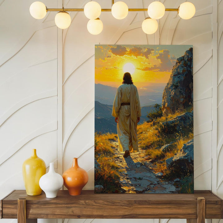 Jesus Walking Along Rocky Path Canvas – Serene Christian Wall Art of Pilgrimage and Divine Purpose - Gifitto