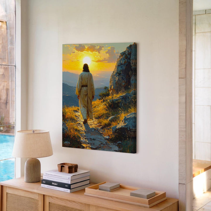 Jesus Walking Along Rocky Path Canvas – Serene Christian Wall Art of Pilgrimage and Divine Purpose - Gifitto