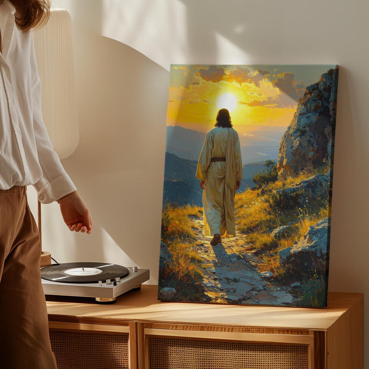 Jesus Walking Along Rocky Path Canvas – Serene Christian Wall Art of Pilgrimage and Divine Purpose - Gifitto