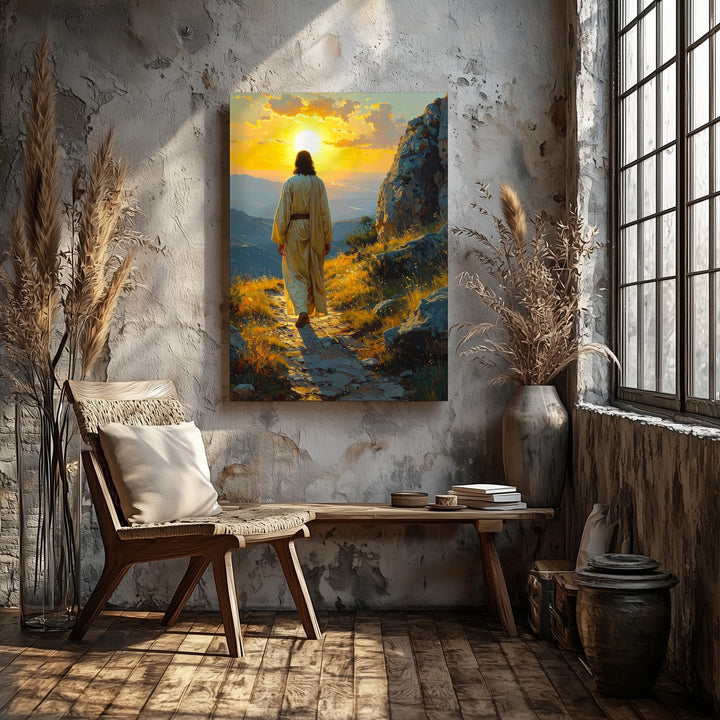 Jesus Walking Along Rocky Path Canvas – Serene Christian Wall Art of Pilgrimage and Divine Purpose - Gifitto