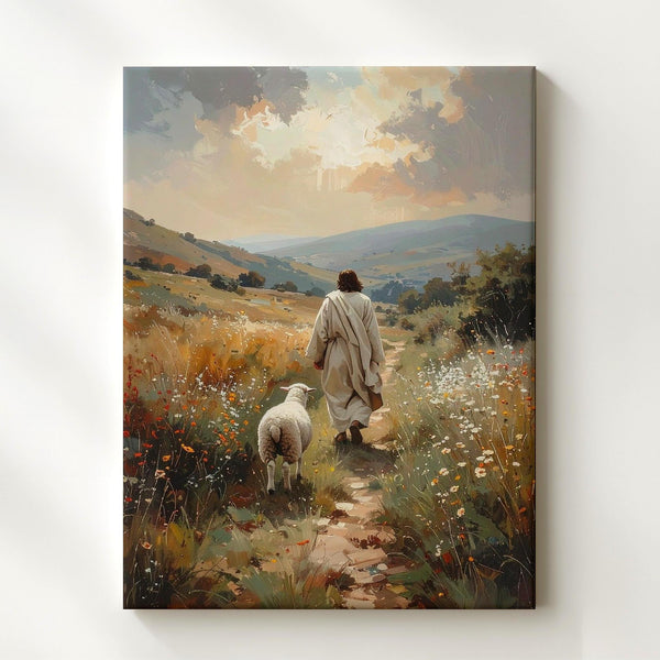 Jesus Walking with Lamb Canvas – Serene Christian Wall Art of the Good Shepherd and Divine Care - Gifitto
