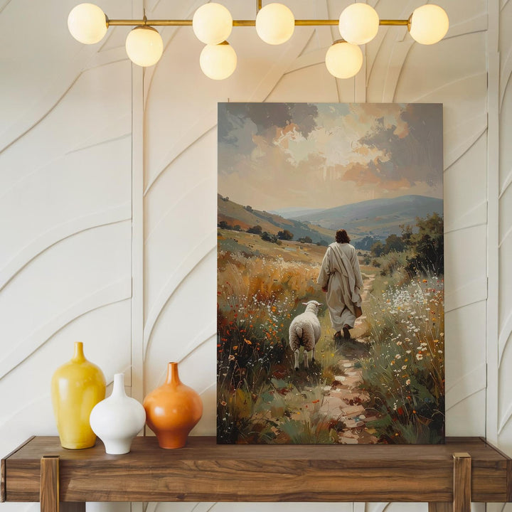 Jesus Walking with Lamb Canvas – Serene Christian Wall Art of the Good Shepherd and Divine Care - Gifitto