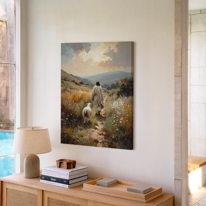 Jesus Walking with Lamb Canvas – Serene Christian Wall Art of the Good Shepherd and Divine Care - Gifitto
