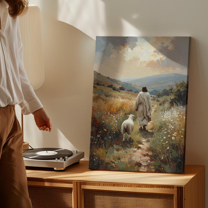 Jesus Walking with Lamb Canvas – Serene Christian Wall Art of the Good Shepherd and Divine Care - Gifitto