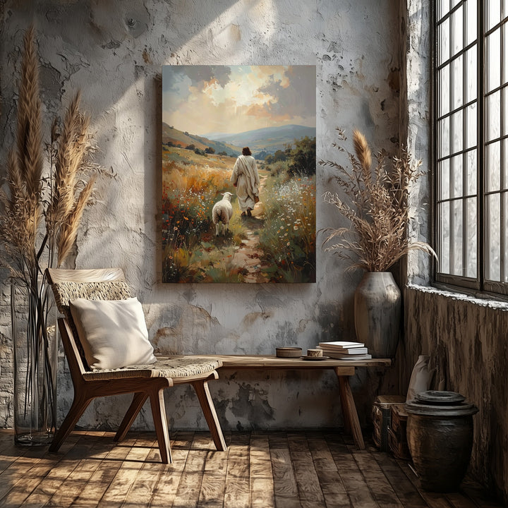 Jesus Walking with Lamb Canvas – Serene Christian Wall Art of the Good Shepherd and Divine Care - Gifitto