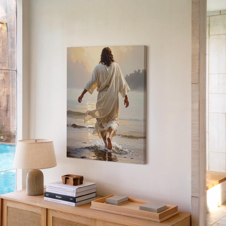 Jesus Walking Barefoot on Water Canvas – Serene Christian Wall Art of Faith and Divine Journey - Gifitto