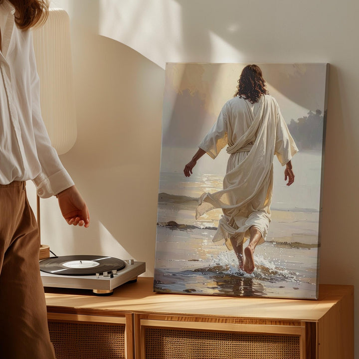 Jesus Walking Barefoot on Water Canvas – Serene Christian Wall Art of Faith and Divine Journey - Gifitto
