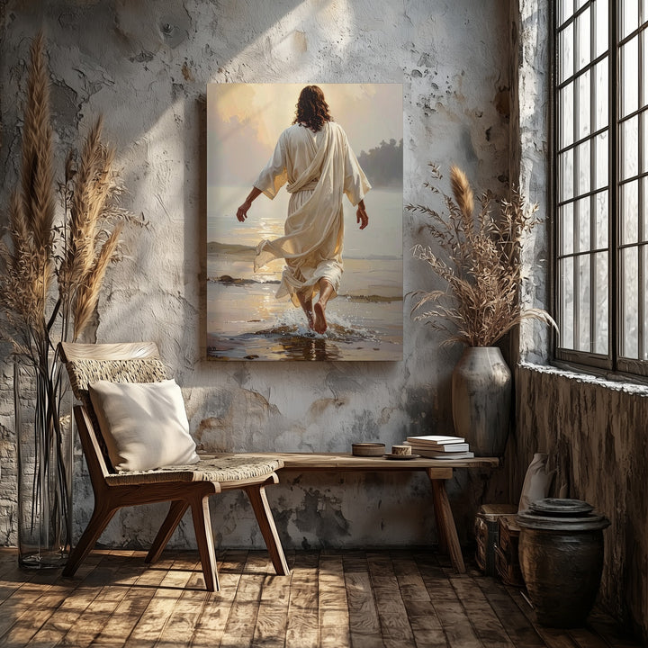 Jesus Walking Barefoot on Water Canvas – Serene Christian Wall Art of Faith and Divine Journey - Gifitto