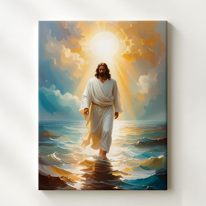 Jesus Walking on Glowing Ocean Canvas – Serene Christian Wall Art of Miracle and Divine Peace - Gifitto
