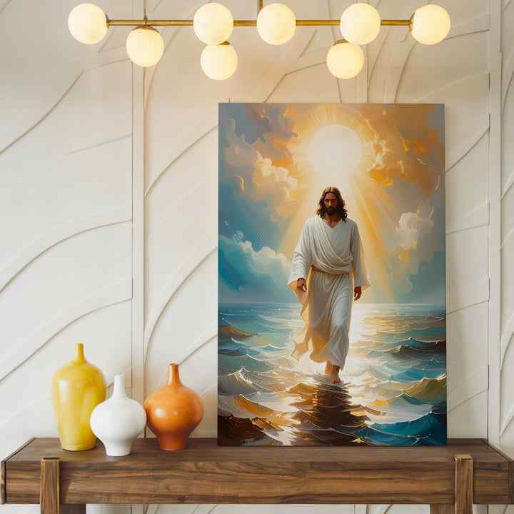 Jesus Walking on Glowing Ocean Canvas – Serene Christian Wall Art of Miracle and Divine Peace - Gifitto