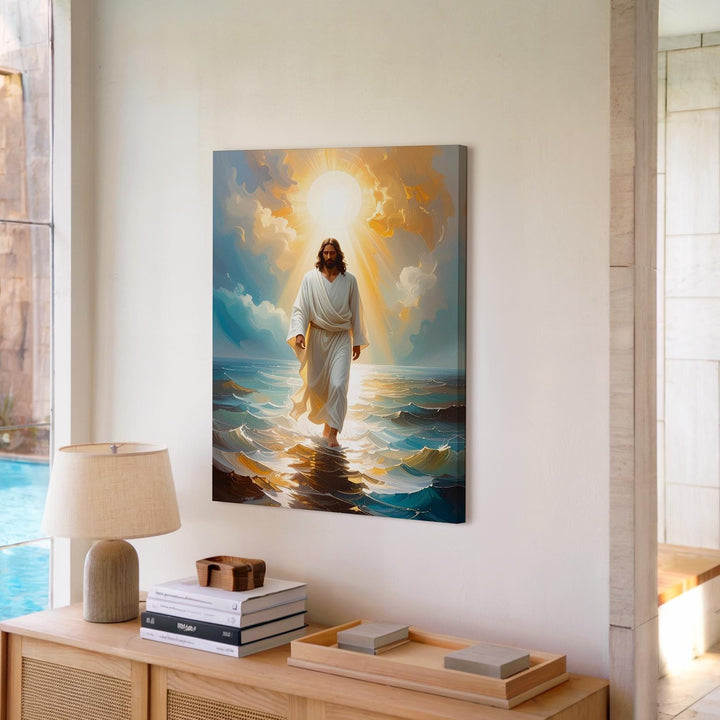 Jesus Walking on Glowing Ocean Canvas – Serene Christian Wall Art of Miracle and Divine Peace - Gifitto