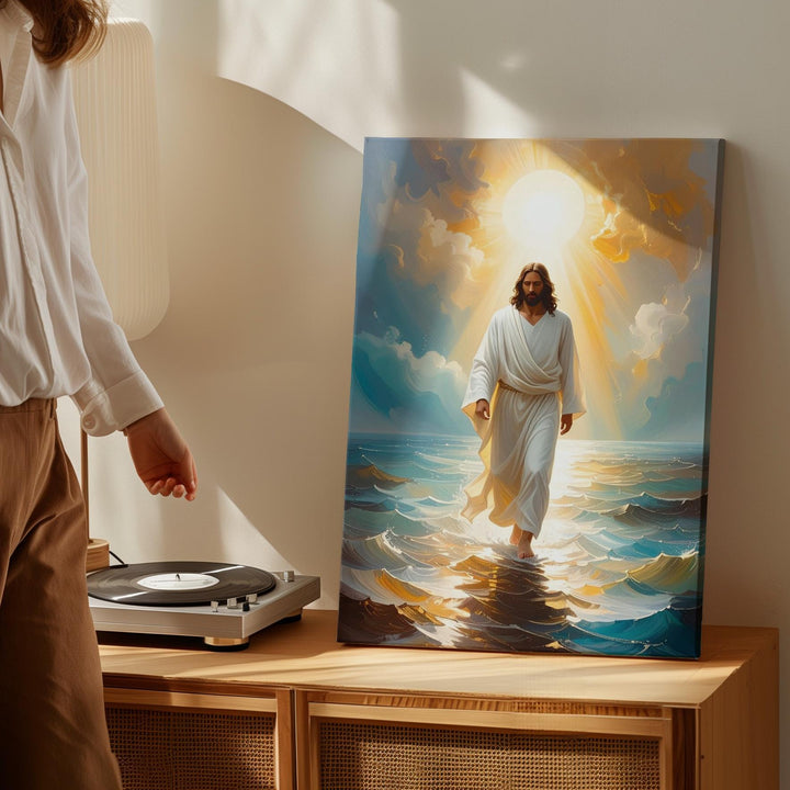 Jesus Walking on Glowing Ocean Canvas – Serene Christian Wall Art of Miracle and Divine Peace - Gifitto