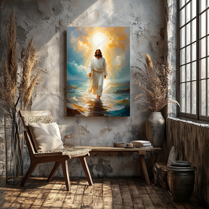 Jesus Walking on Glowing Ocean Canvas – Serene Christian Wall Art of Miracle and Divine Peace - Gifitto