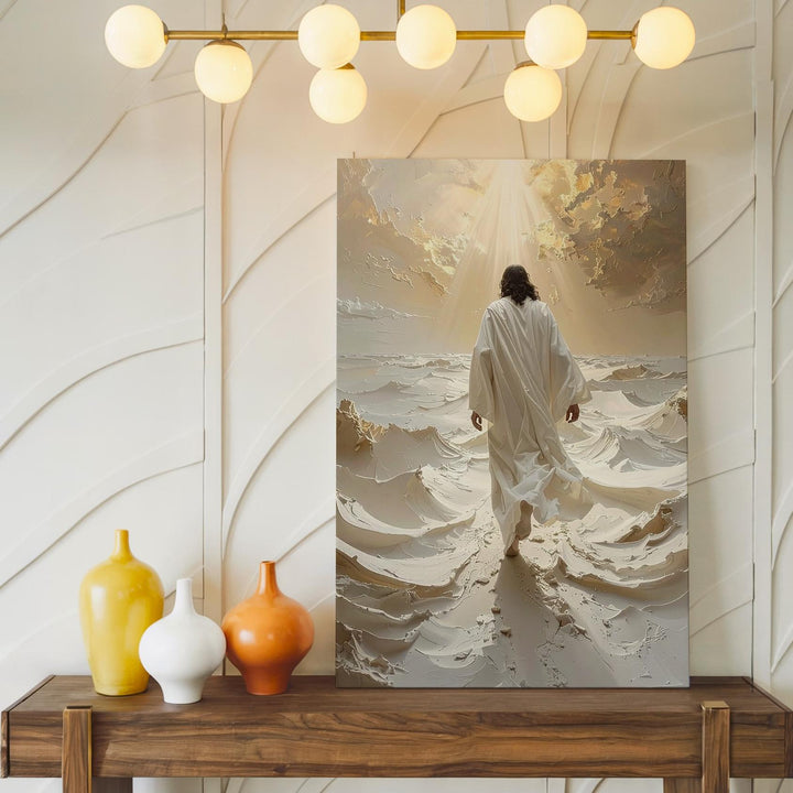 Jesus Walking Through Divine Landscape Canvas – Ethereal Christian Wall Art of Transcendence and Spiritual Elevation - Gifitto