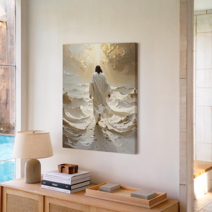 Jesus Walking Through Divine Landscape Canvas – Ethereal Christian Wall Art of Transcendence and Spiritual Elevation - Gifitto