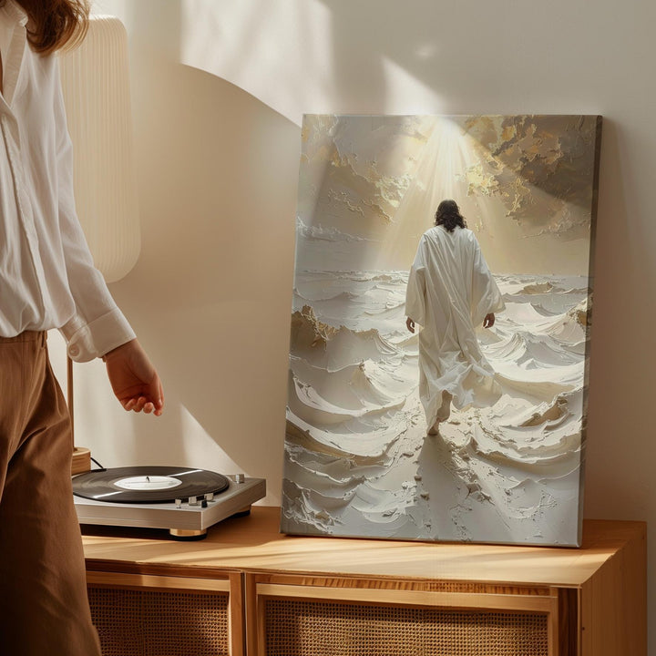 Jesus Walking Through Divine Landscape Canvas – Ethereal Christian Wall Art of Transcendence and Spiritual Elevation - Gifitto