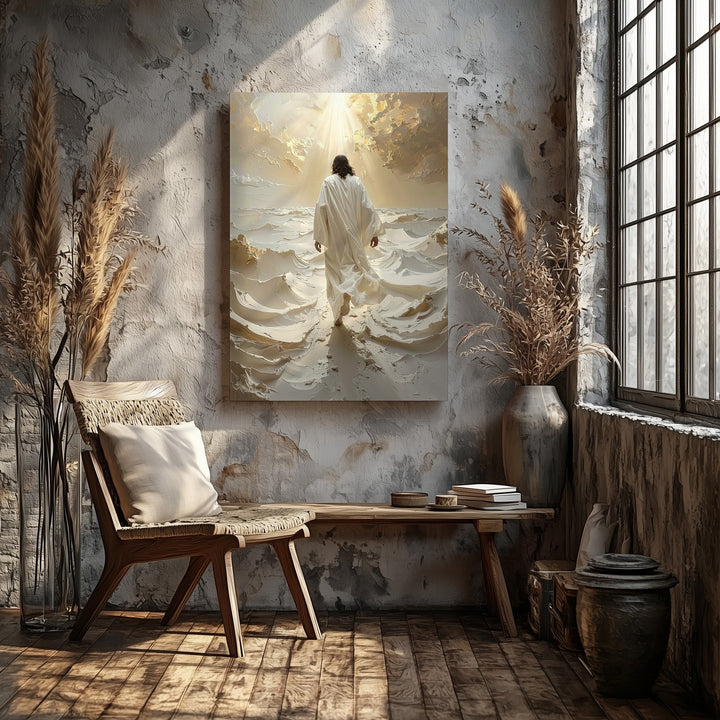 Jesus Walking Through Divine Landscape Canvas – Ethereal Christian Wall Art of Transcendence and Spiritual Elevation - Gifitto