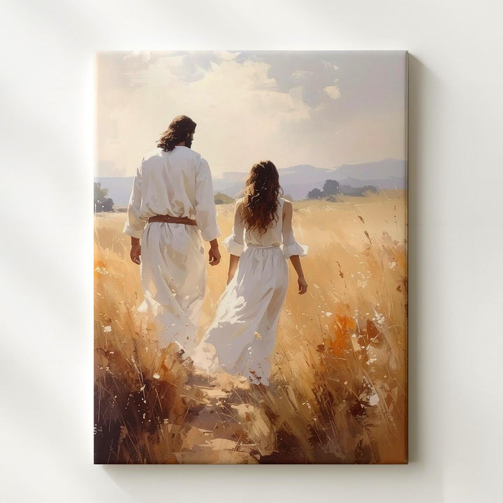 Jesus Walking Hand in Hand Canvas – Serene Christian Wall Art of Divine Companionship and Grace - Gifitto