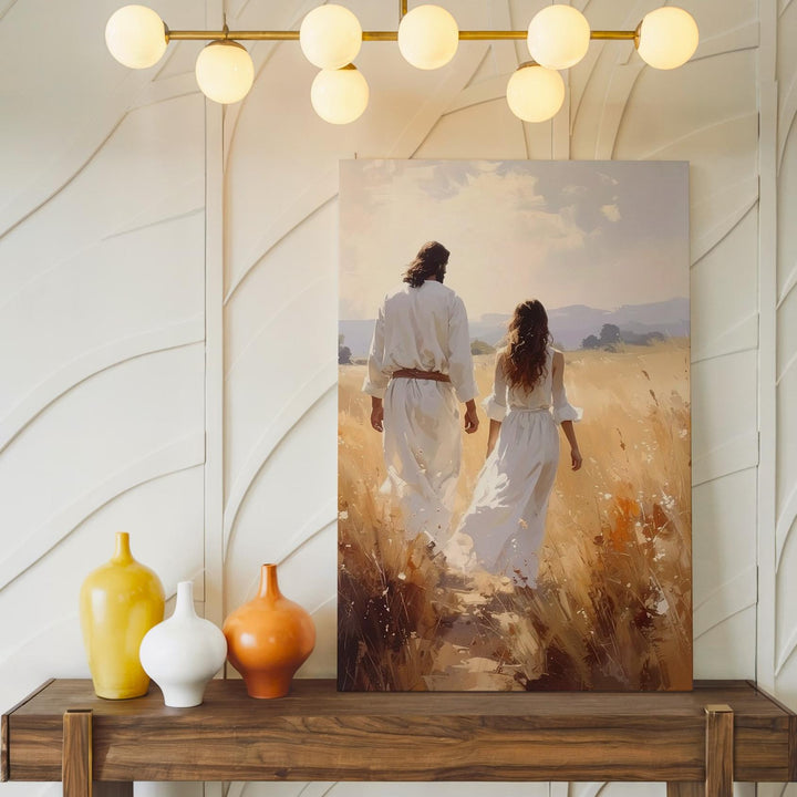 Jesus Walking Hand in Hand Canvas – Serene Christian Wall Art of Divine Companionship and Grace - Gifitto