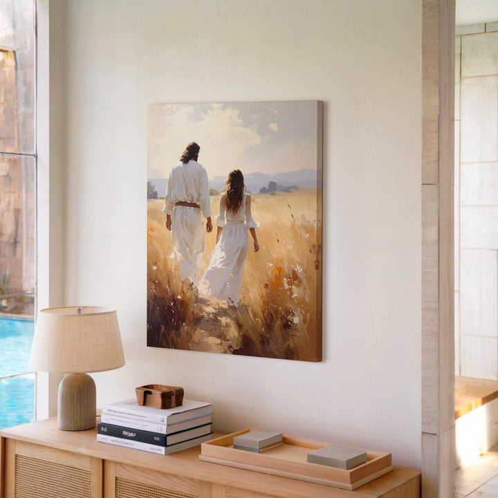 Jesus Walking Hand in Hand Canvas – Serene Christian Wall Art of Divine Companionship and Grace - Gifitto