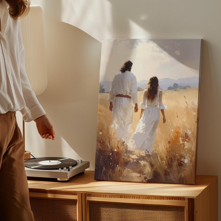 Jesus Walking Hand in Hand Canvas – Serene Christian Wall Art of Divine Companionship and Grace - Gifitto