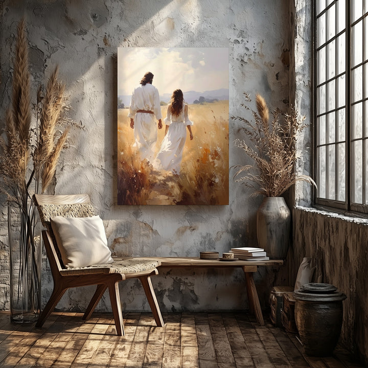 Jesus Walking Hand in Hand Canvas – Serene Christian Wall Art of Divine Companionship and Grace - Gifitto