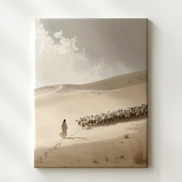 Jesus Walking in Desert with Sheep Canvas – Minimalist Christian Wall Art of Divine Guardianship and Peace - Gifitto
