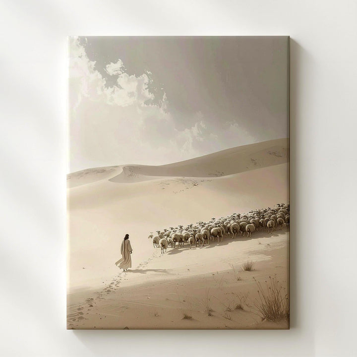 Jesus Walking in Desert with Sheep Canvas – Minimalist Christian Wall Art of Divine Guardianship and Peace - Gifitto