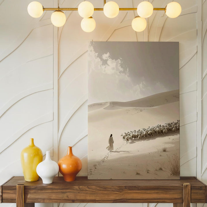 Jesus Walking in Desert with Sheep Canvas – Minimalist Christian Wall Art of Divine Guardianship and Peace - Gifitto