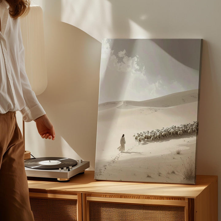 Jesus Walking in Desert with Sheep Canvas – Minimalist Christian Wall Art of Divine Guardianship and Peace - Gifitto