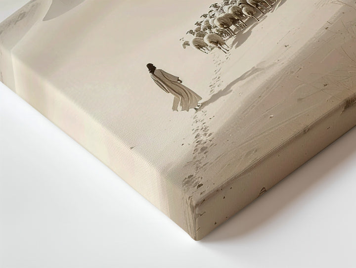 Jesus Walking in Desert with Sheep Canvas – Minimalist Christian Wall Art of Divine Guardianship and Peace - Gifitto