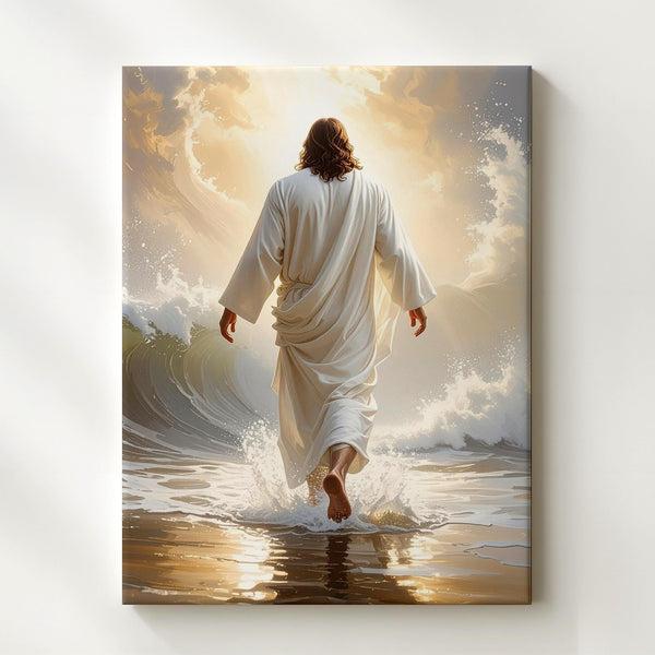 Jesus Walking on Water from Behind Canvas – Ethereal Christian Wall Art of Divine Authority and Peace - Gifitto