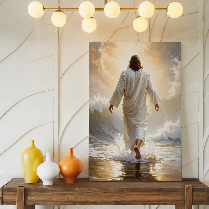 Jesus Walking on Water from Behind Canvas – Ethereal Christian Wall Art of Divine Authority and Peace - Gifitto