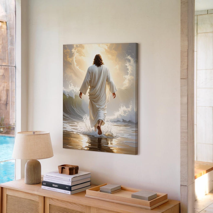 Jesus Walking on Water from Behind Canvas – Ethereal Christian Wall Art of Divine Authority and Peace - Gifitto