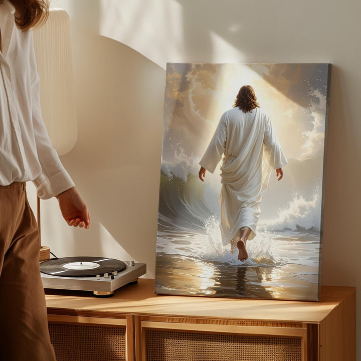 Jesus Walking on Water from Behind Canvas – Ethereal Christian Wall Art of Divine Authority and Peace - Gifitto
