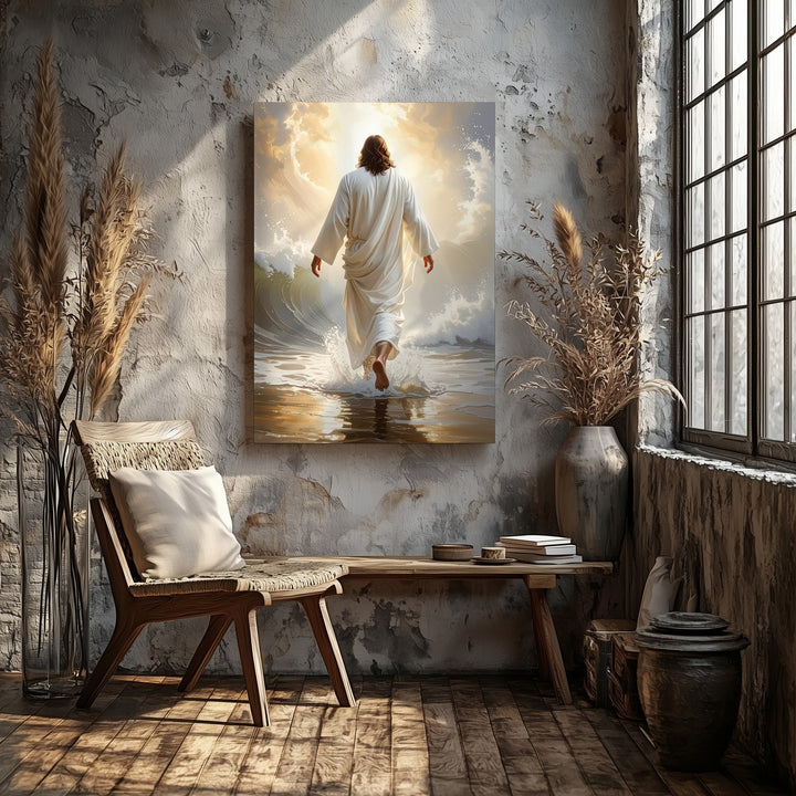 Jesus Walking on Water from Behind Canvas – Ethereal Christian Wall Art of Divine Authority and Peace - Gifitto