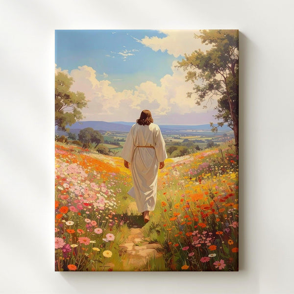 Jesus Walking Through Blooming Meadow Canvas – Joyful Christian Wall Art of Divine Guidance and Renewal - Gifitto