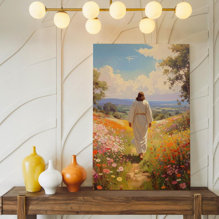 Jesus Walking Through Blooming Meadow Canvas – Joyful Christian Wall Art of Divine Guidance and Renewal - Gifitto
