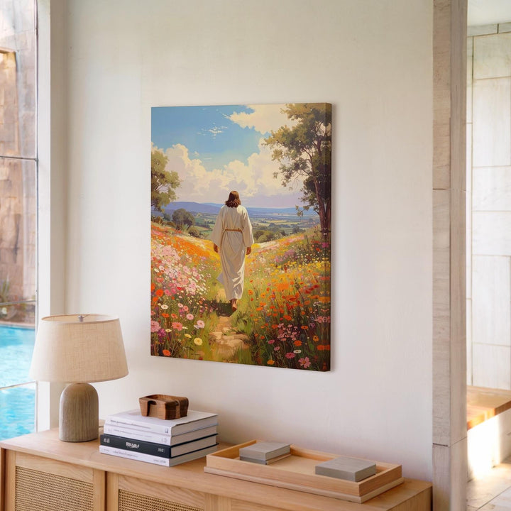 Jesus Walking Through Blooming Meadow Canvas – Joyful Christian Wall Art of Divine Guidance and Renewal - Gifitto