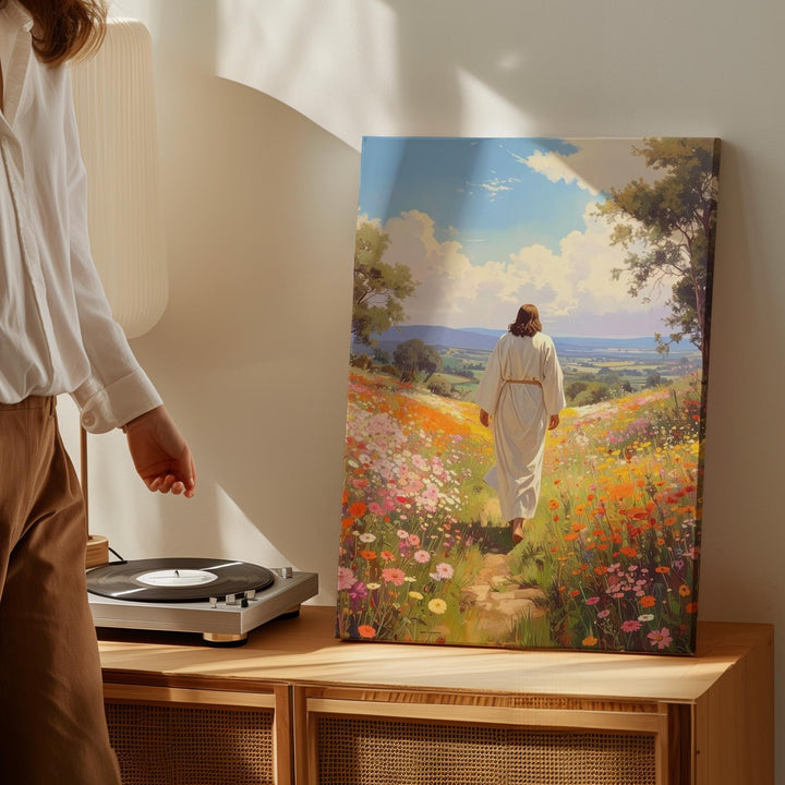 Jesus Walking Through Blooming Meadow Canvas – Joyful Christian Wall Art of Divine Guidance and Renewal - Gifitto