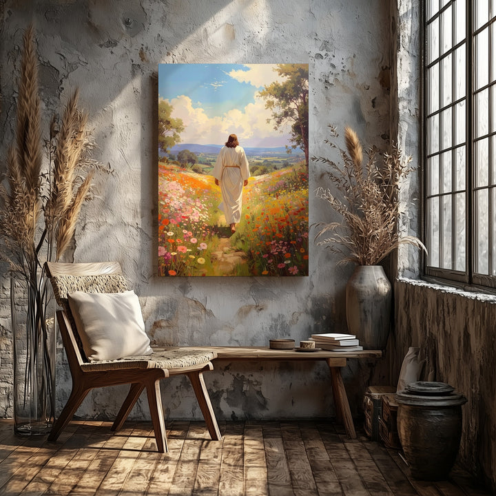 Jesus Walking Through Blooming Meadow Canvas – Joyful Christian Wall Art of Divine Guidance and Renewal - Gifitto