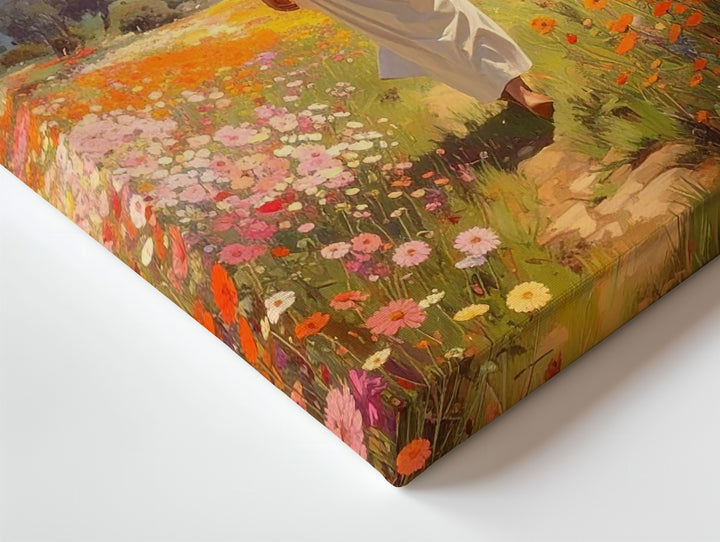 Jesus Walking Through Blooming Meadow Canvas – Joyful Christian Wall Art of Divine Guidance and Renewal - Gifitto