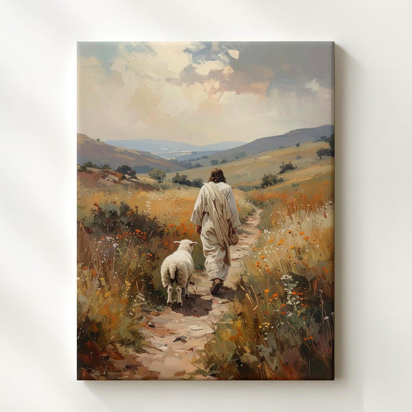 Jesus Walking with Lamb in Golden Field Canvas – Serene Christian Wall Art of Divine Guidance and Care - Gifitto