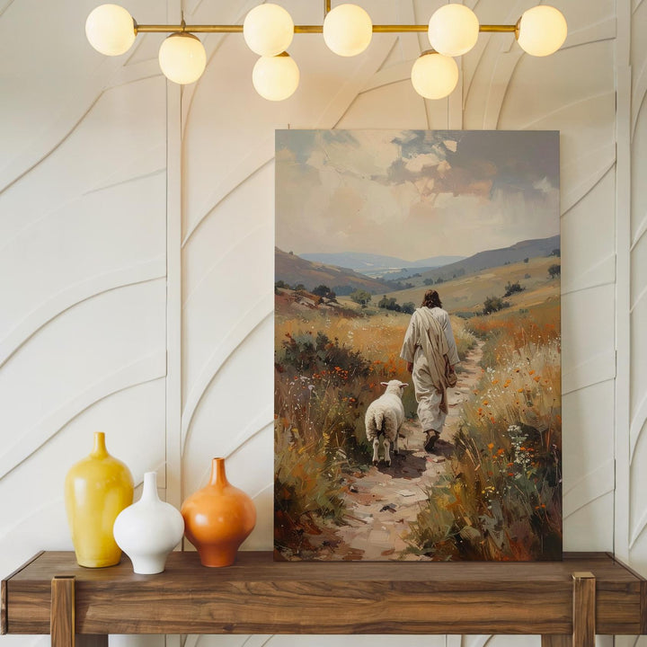 Jesus Walking with Lamb in Golden Field Canvas – Serene Christian Wall Art of Divine Guidance and Care - Gifitto