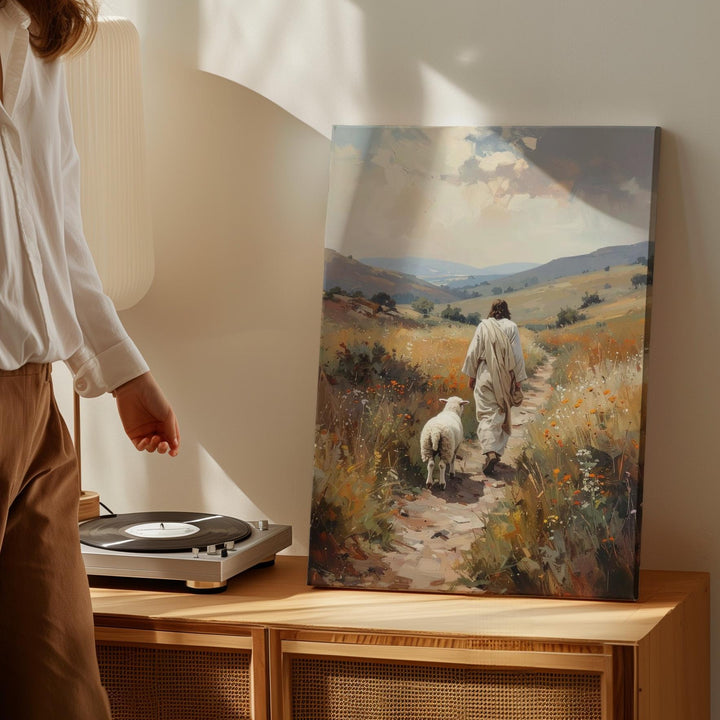Jesus Walking with Lamb in Golden Field Canvas – Serene Christian Wall Art of Divine Guidance and Care - Gifitto