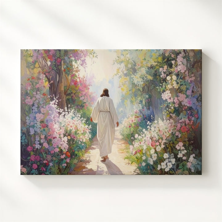 Garden of Renewal Canvas – Jesus Walking Through Blooming Floral Path - Gifitto