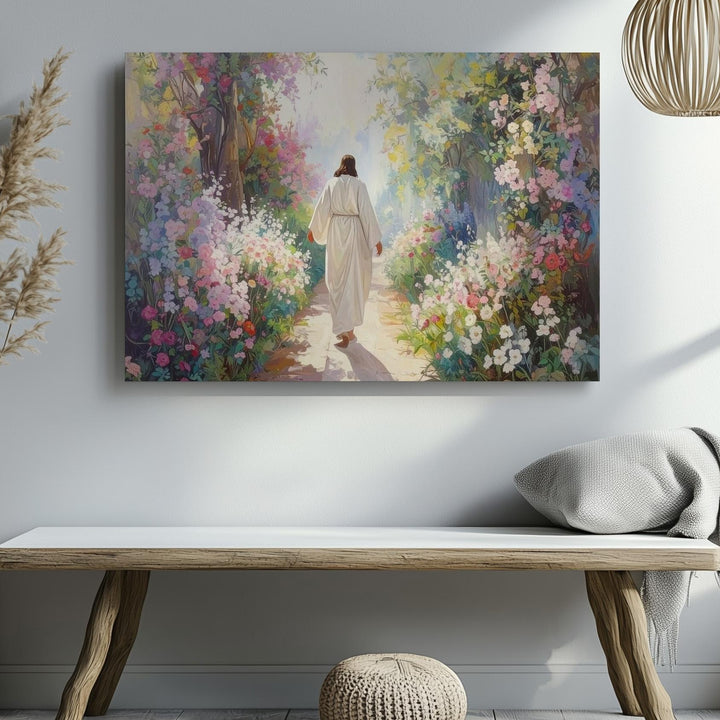 Garden of Renewal Canvas – Jesus Walking Through Blooming Floral Path - Gifitto