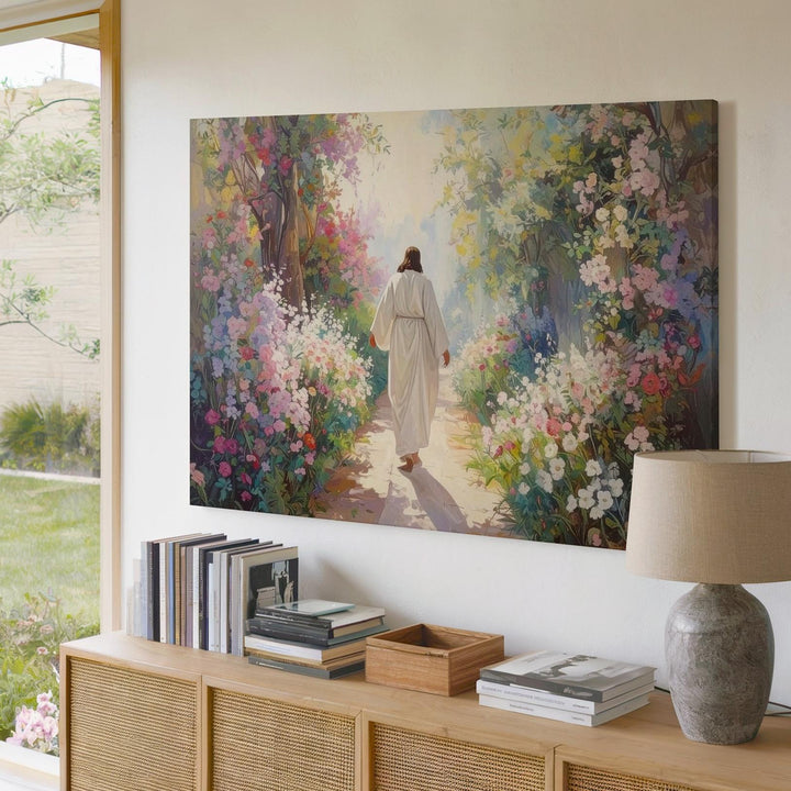 Garden of Renewal Canvas – Jesus Walking Through Blooming Floral Path - Gifitto