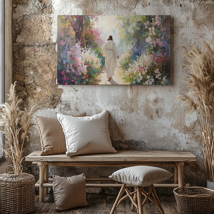 Garden of Renewal Canvas – Jesus Walking Through Blooming Floral Path - Gifitto