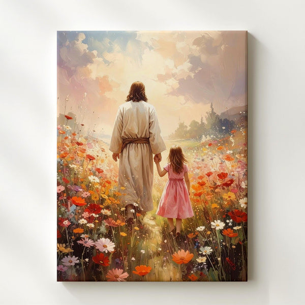 Jesus Walking Hand-in-Hand Canvas – Joyful Christian Wall Art of Spiritual Guidance and Innocence - Gifitto